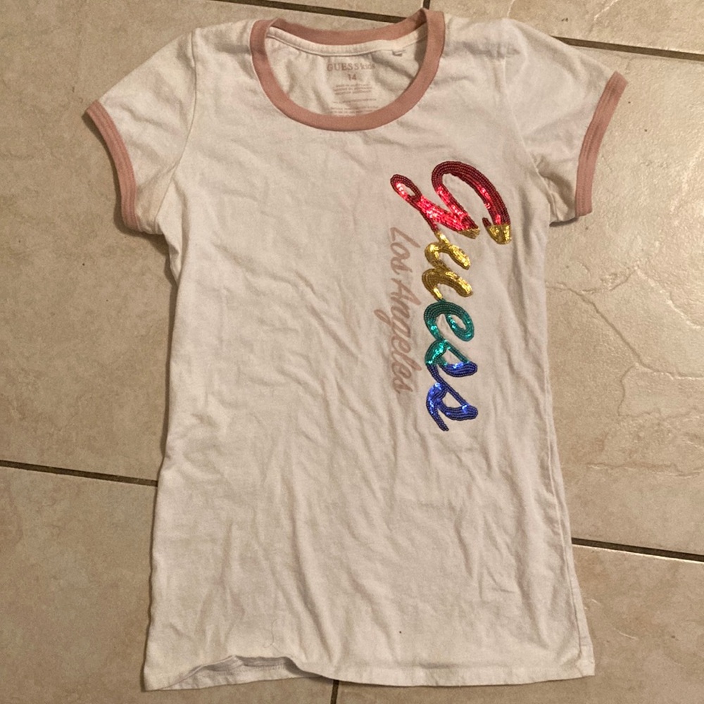 Guess Kids' White Ringer Tee with Pink Trim and Rainbow Sequin Logo